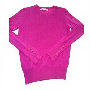 Zara Fuchsia Crewneck Sweater with Gold Cuff Buttons